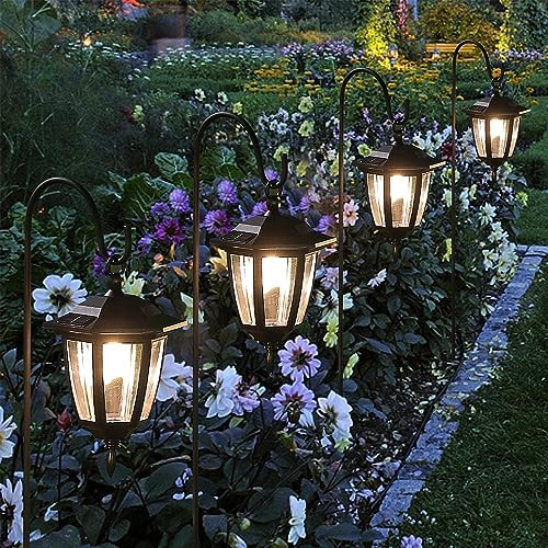 Dynaming 4 Pack Solar Hanging Lights Outdoor, Solar Powered Garden Decorative Lanterns with 4 x 38 Inch Shepherd Hooks, Waterproof Landscape Lighting for Lawn Patio Yard Pathway Driveway, Warm White - Image 6