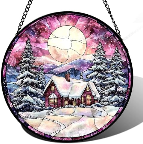 Snow and Moon Stained Glass Window Hanging Suncatcher Gift for Women 9.8" by amderven