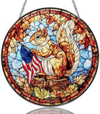 Stained Glass Window Hanging Squirrel with American Flag Sun Catchers Patriotic Autumn Forest Animal Suncatchers Decorative for Home Garden Outdoor & Indoor Colorful Gift 9.8 Inch by Unknown