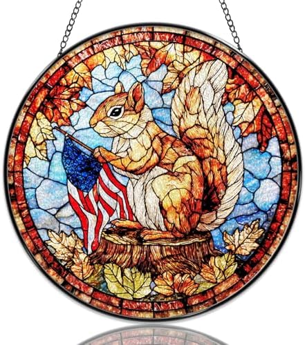 Stained Glass Window Hanging Squirrel with American Flag Sun Catchers Patriotic Autumn Forest Animal Suncatchers Decorative for Home Garden Outdoor & Indoor Colorful Gift 9.8 Inch by Unknown