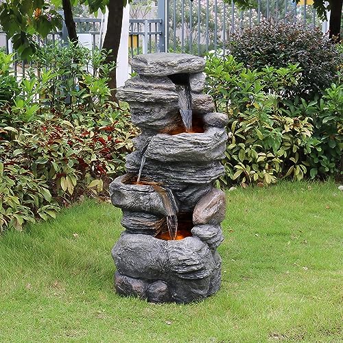 Teamson Home 39.37 in. Outdoor Faux Stacked Stone 4-Tier Water Fountain with LED Lights and Pump, Gray - Image 3