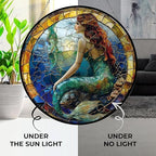 Mermaid Stained Glass Window Hanging Window Suncatcher 12" Glass Panel with Metal Chain Sun Catchers Wall Art Home Decor Gift for Women Mother's Day (12”x12”) - Image 3