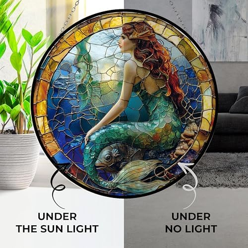 Mermaid Stained Glass Window Hanging Window Suncatcher 12" Glass Panel with Metal Chain Sun Catchers Wall Art Home Decor Gift for Women Mother's Day (12”x12”) - Image 3