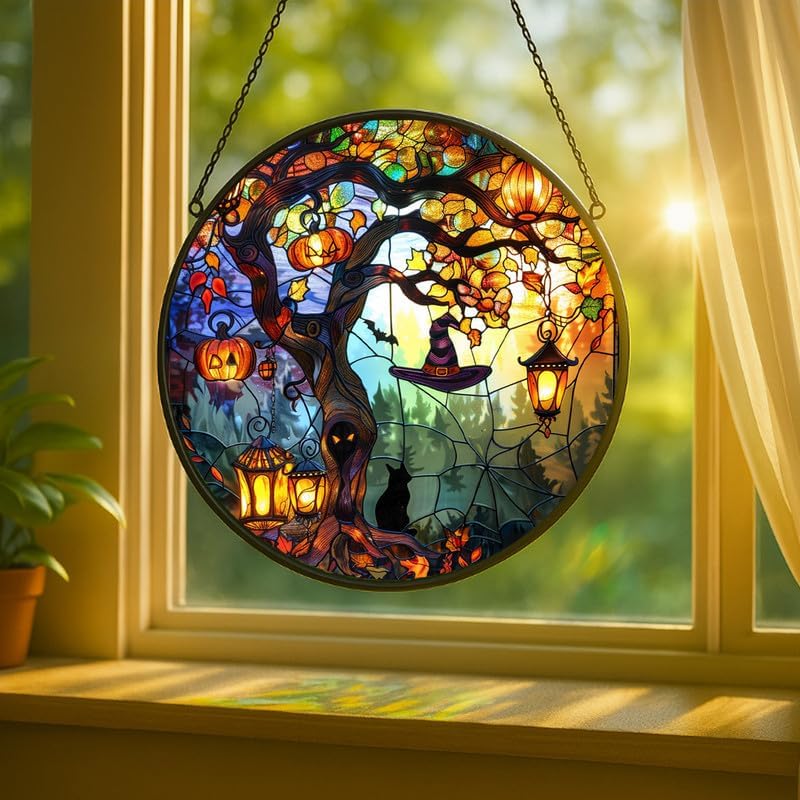 Stained Glass Window Hanging - 11.8in Pumpkin Lanterns and Black Cat Under Magic Tree with Witch Hat Sun Catchers Panel for Indoor Decorative Display for Mom, Wife, Lovers, Festive - Image 2