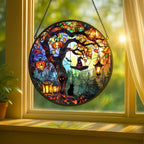 Stained Glass Window Hanging - 11.8in Pumpkin Lanterns and Black Cat Under Magic Tree with Witch Hat Sun Catchers Panel for Indoor Decorative Display for Mom, Wife, Lovers, Festive - Image 2