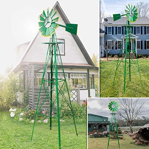 8FT Garden Windmill, Metal Yard Decor with Weather Vane, Green - Image 6