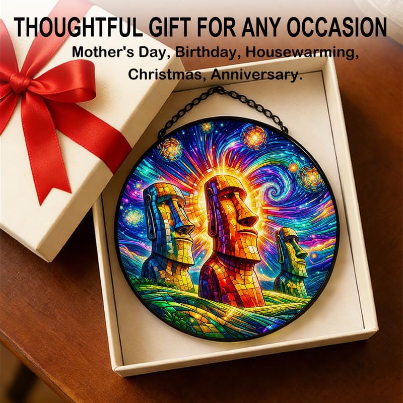 Stained Glass Window Hanging-11.8" Moai Statue Suncatcher Glass Panel,Colorful Easter Island Head Art Decor,Home Decorative Hanging Ornament for Kitchen or Garden,Ideal Gift for Mother,Wife or Women - Image 7