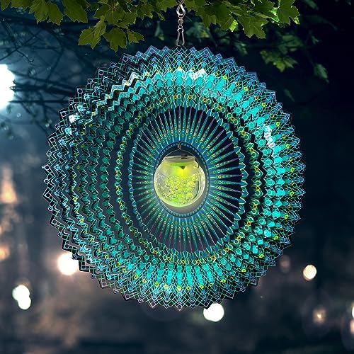 FONMY Solar Wind Spinner Mandala Starry Sky 3D Stainless Steel Hanging Wind Spinners Gift Christmas Decoration Indoor/Outdoor Garden Décor Kinetic Yard Art 12 Inches Multi Peacock Blue Wind Sculpture - Image 6