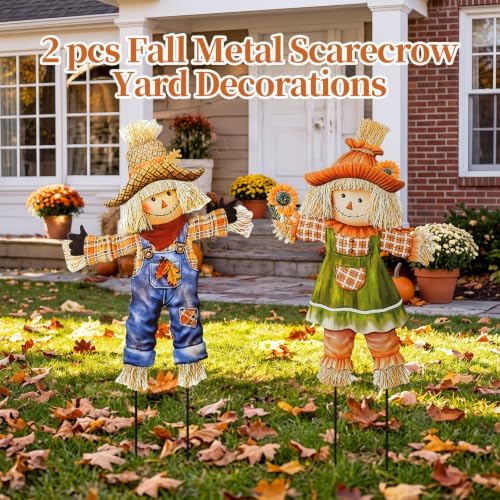 Shimeyao 2 Pcs Metal Fall Outdoor Decorations Autumn Scarecrow Yard Stakes - Image 5