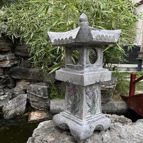 Asian Orchid Pagoda Stone Lantern Statue 23.6”H Zen Japanese Garden Decor - Image 2