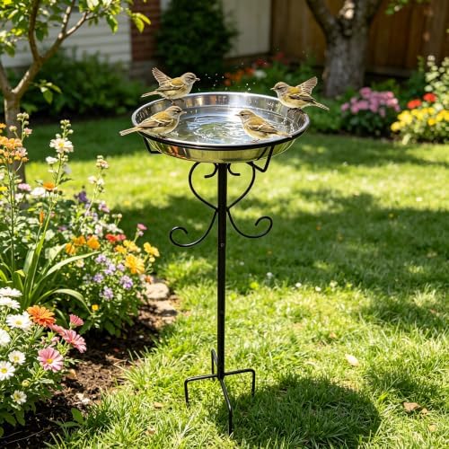 Metal Bird Bath for Outside, 11.6In Removable Stainless Steel Tray, Weather-Resistant Standing Water Feeder for Garden Patio Lawn, Black - Image 2