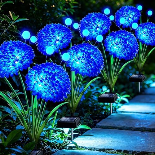 Solar Firefly Lights Outdoor Waterproof, 4 Pack Blue Solar Flowers Swaying Lights With Flowers, Flower Light Garden Decor for Outside Yard Patio Halloween Christmas, Gifts for Women Grandma by yulloyello
