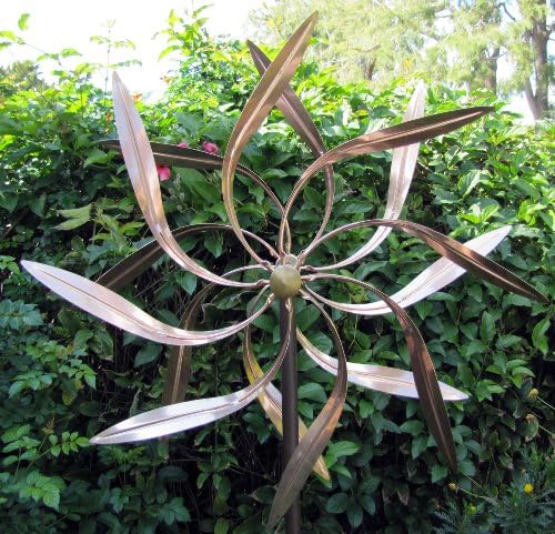 Kinetic Copper Wind Sculpture, Dual Spinner Dancing Willow Leaves - Image 3
