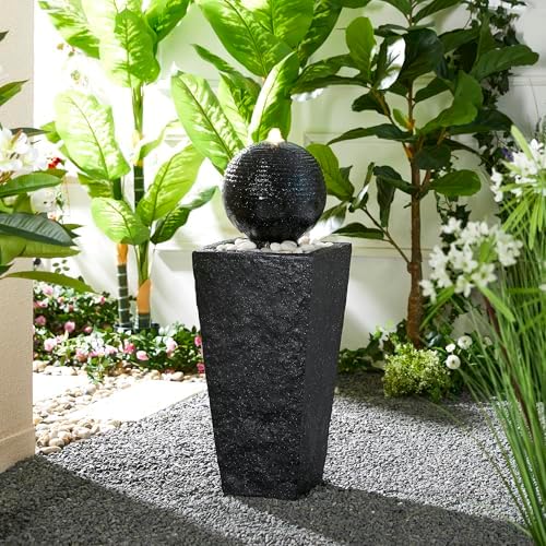 Glitzhome Outdoor Water Fountain with LED Light & Pump, Black Pedestal Sphere Fountain Decorative Water Fountains, Modern Waterfall Floor Fountain with Pebbles for Garden Patio Decor Porch, 31.75”H by Glitzhome