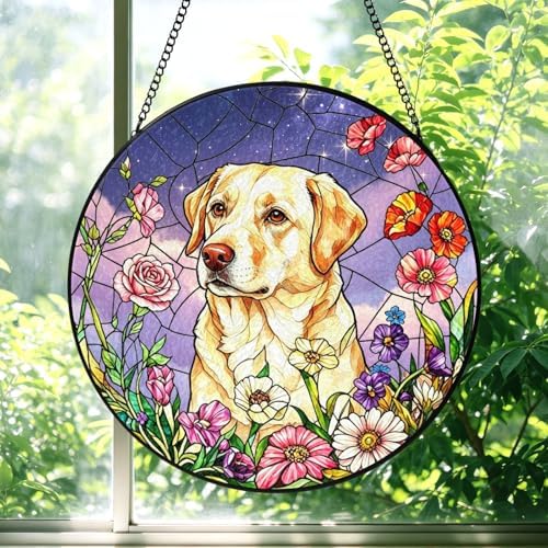 Personalized Dog Photo Stained Glass Suncatcher Custom Pet Portrait Memorial Window Hanging with Flowers, Keepsake Sympathy Birthday Gifts for Dog Lovers Pet Owner Family Home Decor 11.81Inch by Unknown
