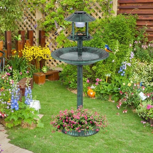 GIANTEX 42 inch Bird Bath Solar Lighted, Pedestal Bird Bath with Bird Feeder, Flower Planter Base, Solar Powered Lamp, 3 Ground Stakes, Standing Birdbath for Outside Garden Yard Outdoor (Green) - Image 2