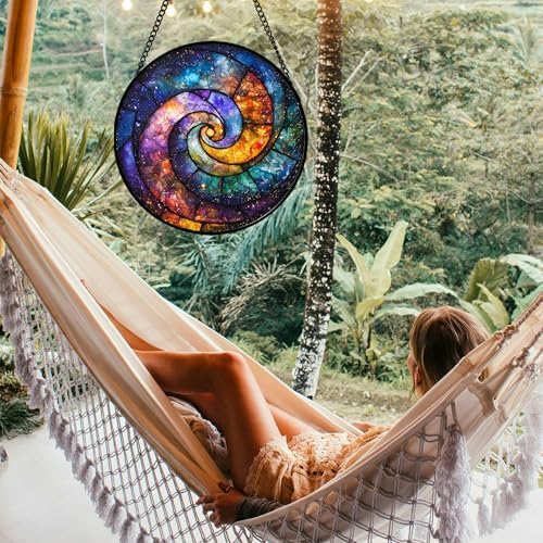 Stained Glass Window Hanging, Blue Orange Starry Sky Sun Catcher for Door Terrace Garden Home Decor, Abstract Universe Suncatcher Birthday Gifts for Lovers Women Men Dad Mom Nana 9.8 in - Image 2