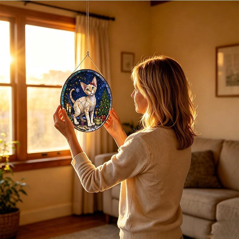 Stained Glass Window Hanging Devon Rex Cat Suncatcher Gifts 11.8" - Image 4