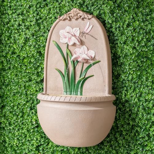 XBrand 31" in H Outdoor Wall Water Fountain with Pump- Pink Flower with Dragonfly Design with Mesh Guard - Image 3