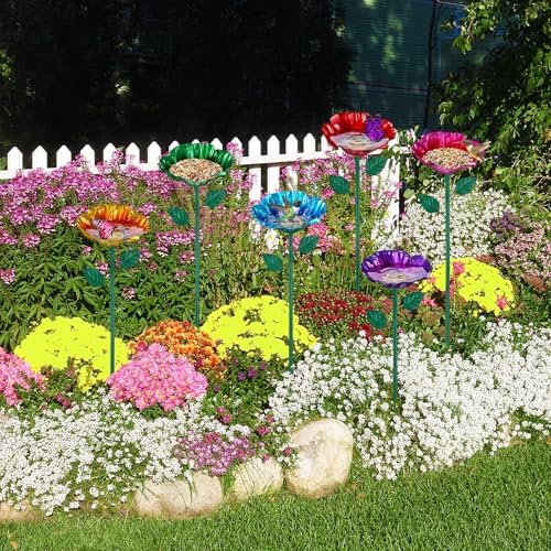 LemonRoad 6 Pcs Metal Flower Bird Baths with Stake for Garden Multicolor - Image 6