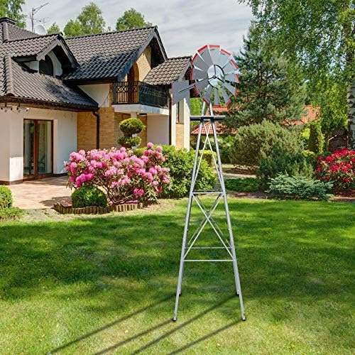 VINGLI 8FT Ornamental Windmill Backyard Garden Decoration Weather Vane, Heavy Duty Metal Wind Mill w/ 4 Legs Design (Grey) - Image 3