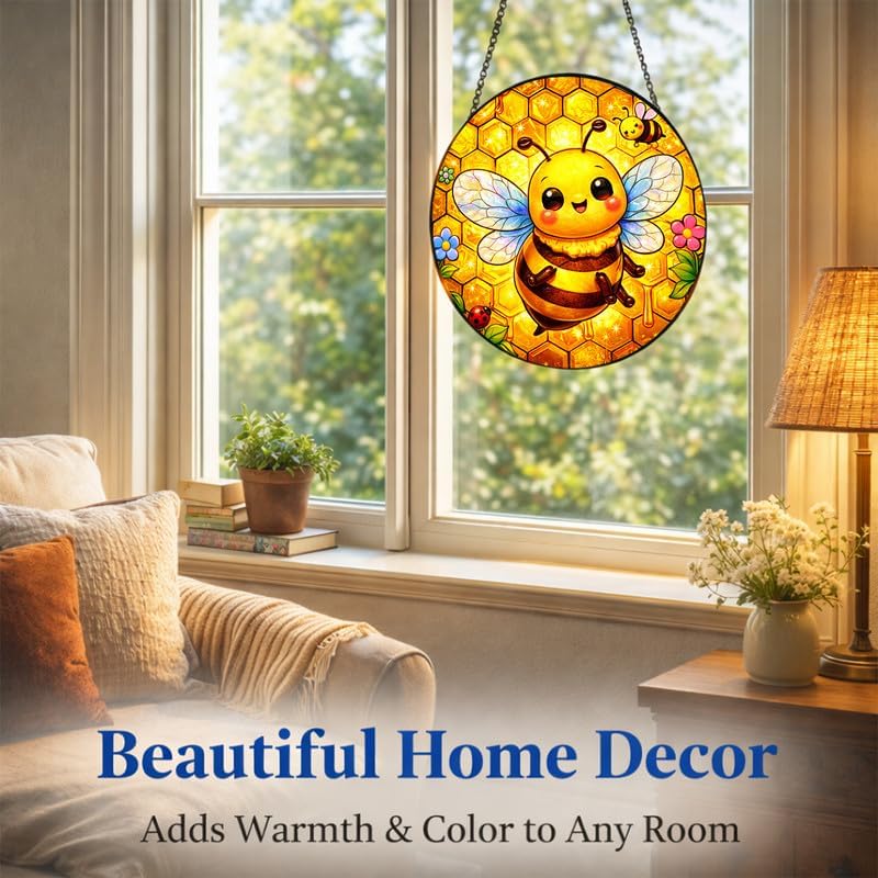 Stained Glass Window Hanging - 11.8" Cute Honey Bee and Honeycomb Suncatcher Glass Panel, Home Decorative Hanging Ornament for Kitchen or Garden, Ideal Gift for Mother, Wife or Women - Image 5