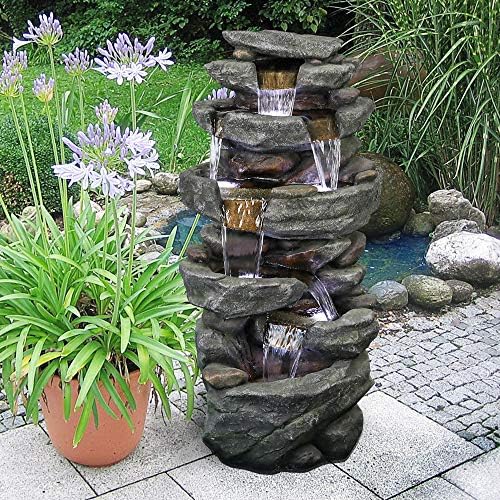 PeterIvan Outdoor Relaxing Waterfall - 6-Tier Fountain with 6 LED Lights, Stone-Liking Resin for Patio, Garden, House&Office (40.6in, Grey) - Image 2