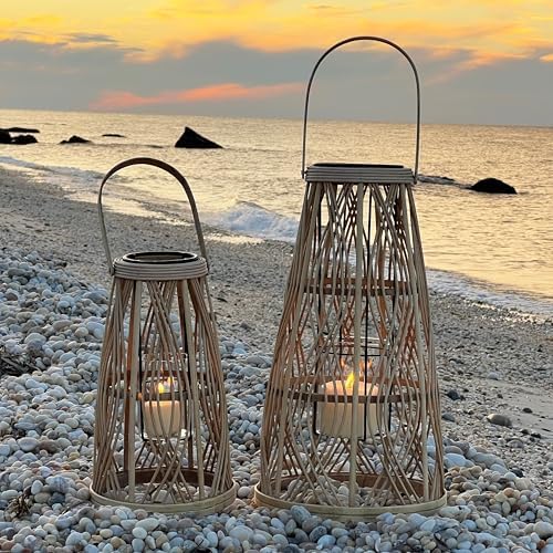 Key West Bamboo Hurricane Candle Lanterns, Set of 2, Large Tropical Holder - Image 3