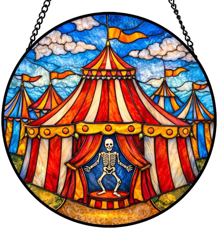 Stained Glass Window Hanging Suncatcher 11.8 in Circus Tent Skeleton Performer Colorful Glass Panel Sun Catcher for Window,Window Hanging Decor for Home,Housewarming Gift by Unknown