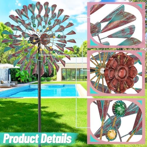 Wind Spinner Kinetic Wind Sculpture, 24.3"W x 79.3"H Large Metal Outdoor Windmill with 5‑Prong Stable Base, 360° Wind Catcher, Eye‑Catching Yard Art Decor for Patio Lawn Garden Backyard (Retro Green) - Image 2