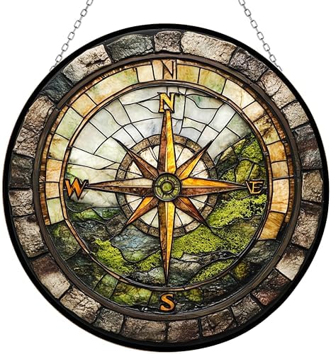 9.84 Inch Boho Fathers Day Compass Rock Stained Glass Suncatcher Stained Glass Window Hangings Birthday Gift for Mom Grandma Teacher Women Friend Christmas by Unknown