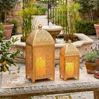 TRIROCKS Set of 2 Vintage Decorative Candle Lantern 12''&16.5'' High Metal Candle Holder Hanging Lantern with Hollow Pattern for Living Room Garden Parties Events Indoors Outdoors(Gold) by TRIROCKS