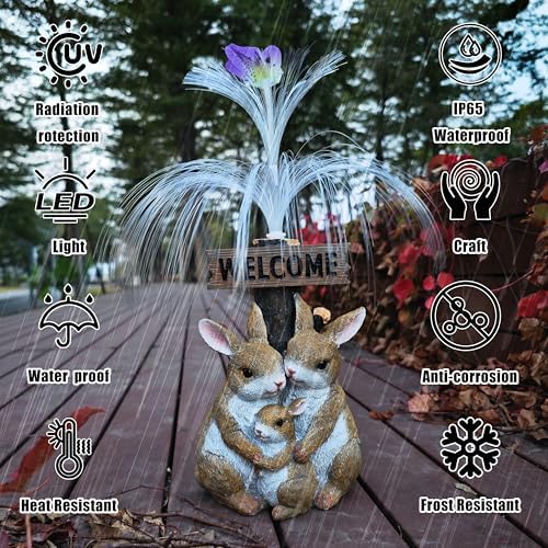 Solar Rabbit Garden Statues,Resin Rabbit Family Figurine with Welcome Card and 7-Color Changing Optical Fiber with Solar Lights, Lawn Decor Outdoor Statue for Patio,Balcony,Yard,Lawn - Image 7