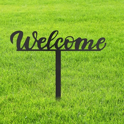 Metal Welcome Sign Decorative Garden Stake, Elegant Script Design Gifts Silhouette Statues for Yard Art, Outside, Patio, Outdoor Decor, Garden Decorations, Lawn Ornaments - 20" Black by SIGNLEADER