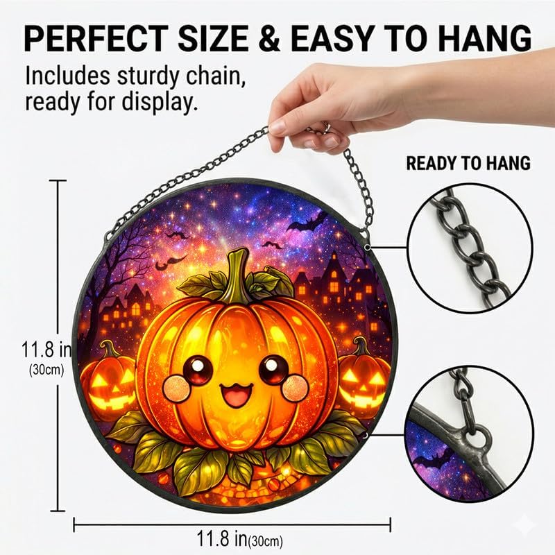 Stained Glass Window Hanging - 11.8" Pumpkin Halloween Suncatcher Glass Panel, Cute Smiling Jack-O'-Lantern Decorative Hanging Ornament for Kitchen or Garden, Ideal Gift for Mother, Wife or Women - Image 3