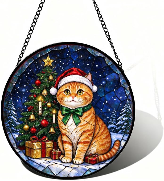 Stained Glass Window Hanging Orange Cat Suncatcher Gifts for Cat Mom 11.8" by Unknown