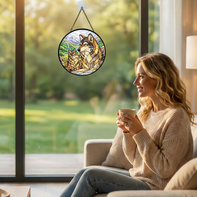 Stained Glass Window Hanging Suncatcher 11.8 in Wolf Family Colorful Glass Panel Sun Catcher for Window,Nature Mountain Landscape Window Hanging Decor for Home,Housewarming Gift - Image 3