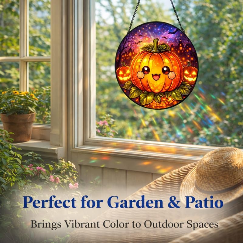 Stained Glass Window Hanging - 11.8" Pumpkin Halloween Suncatcher Glass Panel, Cute Smiling Jack-O'-Lantern Decorative Hanging Ornament for Kitchen or Garden, Ideal Gift for Mother, Wife or Women - Image 6