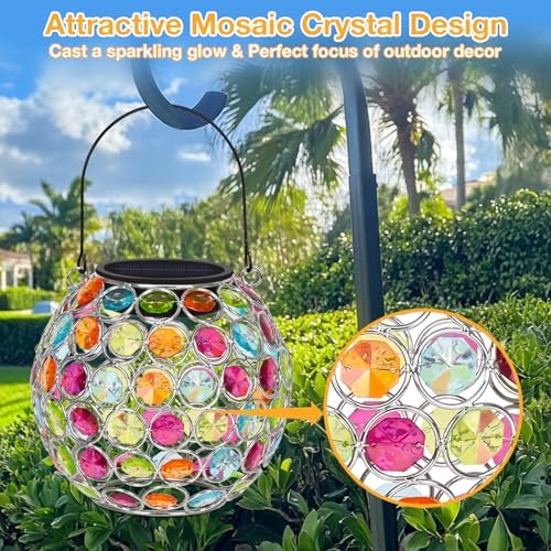 Uspring 2 Pack Red & Blue Crystal Mosaic Solar Lanterns Outdoor Waterproof Decorative Hanging Solar Lights for Outside - Image 2