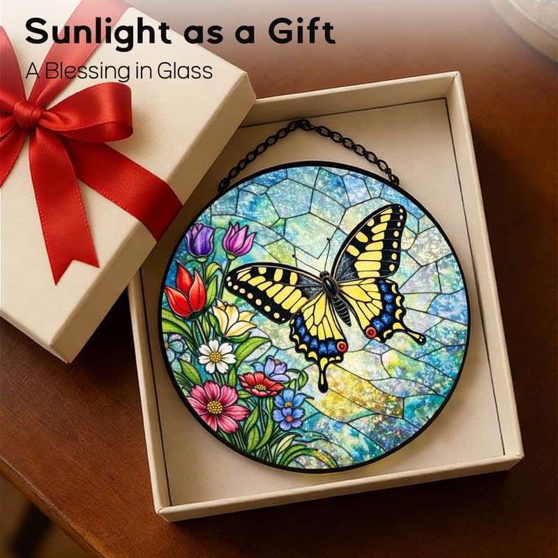 Stained Glass Window Hanging Suncatcher 11.8 in Butterfly and Wildflower Design Colorful Glass Panel Sun Catcher for Window,Window Hanging Decor for Home,Housewarming Gift - Image 7