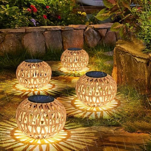 4 Pack Outdoor Solar Lanterns, Waterproof Rattan Solar Powered Lamp Decorative, Solar Garden Lights Birthday Gifts for Women, Outside Solar Lights for Yard, Pathway, Patio,Porch, Lawn Decor by Unknown