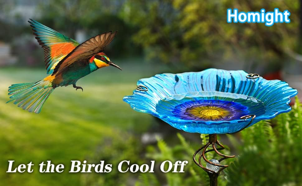 Homight Solar Glass Blue Bird Bath Garden Outdoor Birdbath with Metal Stake - Image 5