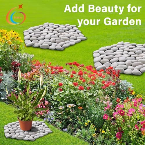 10in River Rock Stepping Stones Set - 6 Pack | Polished Pebble | Long-Lasting PVC Mesh Backing | Perfect for Garden Paths and Lawns Outdoor Landscaping Decoration | White Rhombus - Image 7