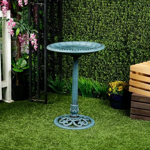Alpine Corporation TEC116BL Pedestal Birdbath with Scrollwork Base and Ground Stakes, Décor for Lawn & Garden, 28" H, Blue - Image 2