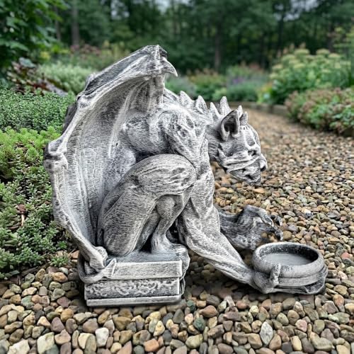 OLOMA Guardian Gargoyle Hold Bowl Concrete Statue Handmade Outdoor Gothic Fantasy Sculpture Cement Bird Feeder Mythical Creature Yard Ornament Patio Lawn Porch Decor Weather Resistant Cement Figure by OLOMA
