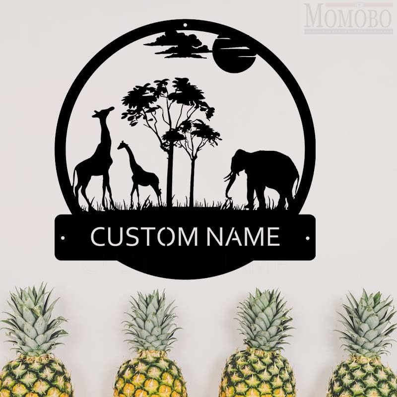 Africa Elephant and Sunshine Custom Name Sign Metal Wall Art Personalized Last Name Plaque Outdoor Metal Wall Art Personalized Gift for Wedding/Housewarming by MOMOBO