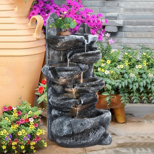 6-Tier Cascading Rock Water Fountain Outdoor Garden Waterfall with LED Lights,Fountain Indoor Decor for Garden, Patio, Backyard, Deck, Porch and Home Art Decor with Natural Stone Look by Unknown