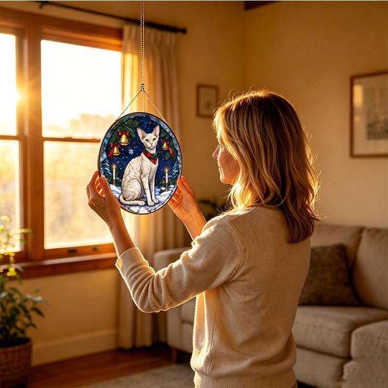 Stained Glass Window Hanging Cornish Rex Cat Suncatcher Gifts for Mom 11.8" - Image 4