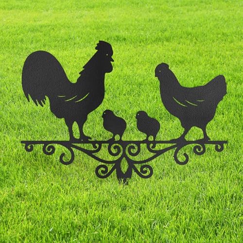 Metal Chicken Family Garden Stake Decorative, Rooster, Hen, and Chicks Design Silhouette Statues for Yard Art, Outside, Patio, Outdoor Decor, Garden Decorations, Lawn Ornaments - 14" Black by SIGNLEADER