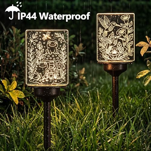 ODEETRONIC Solar Garden Lights, 4 Pack Solar Pathway Lights with Butterfly Frog Hummingbird Owl Pattern, Outdoor Landscape Lighting, Waterproof Acrylic Garden Stake Light for Yard Walkway, Warm White - Image 4